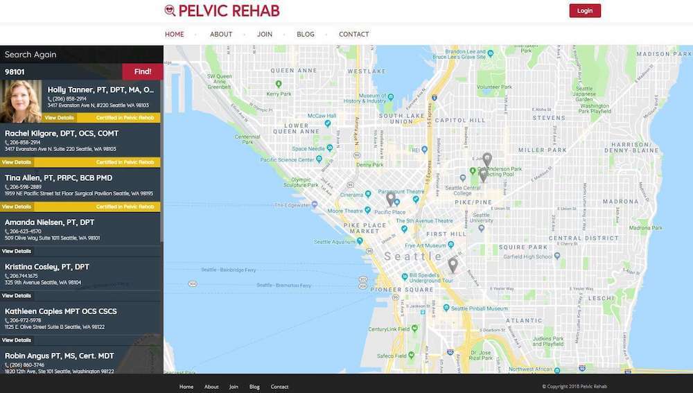 "Pelvic Rehab" Seattle location map with staff display at left