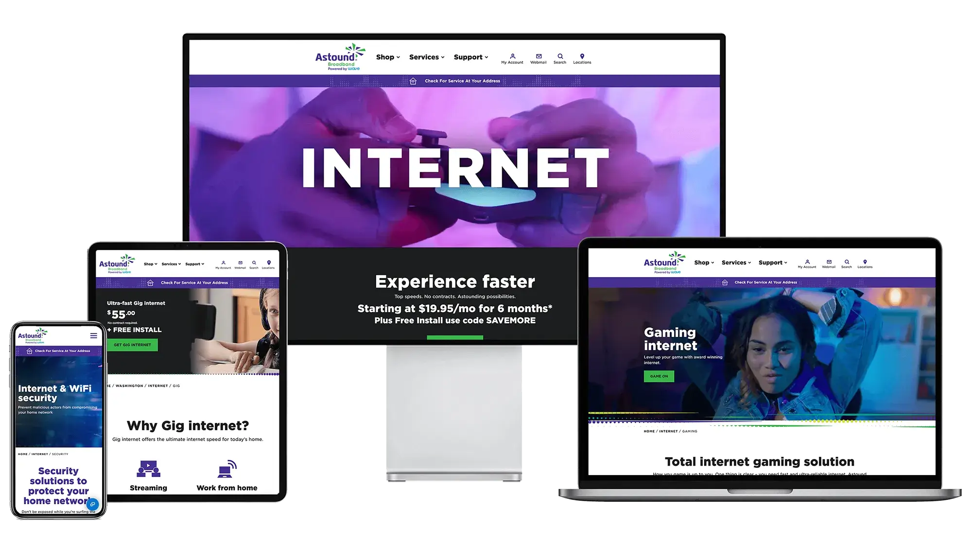 "Astound Broadband" png image of desktop, laptop, mobile set up